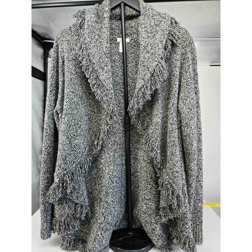 Cache Women XL Black White Marl Wool Blend Fringe Open Front Cardigan Sweater‎
